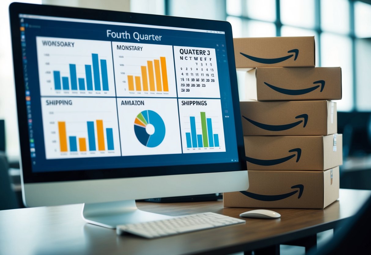 A busy computer screen with charts and graphs, a calendar showing the fourth quarter, and a stack of Amazon shipping boxes