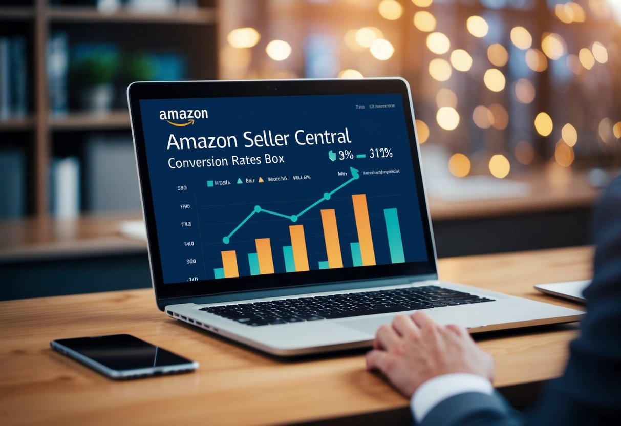 A laptop displaying Amazon Seller Central with graphs showing conversion rates and buy box impact