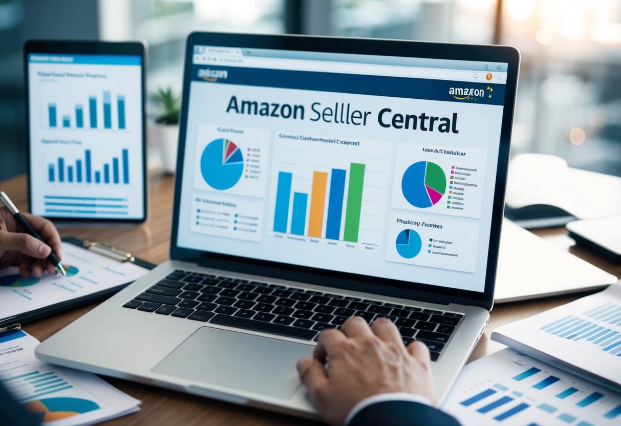 A laptop open to Amazon Seller Central with graphs and data displayed on the screen, surrounded by charts and reports