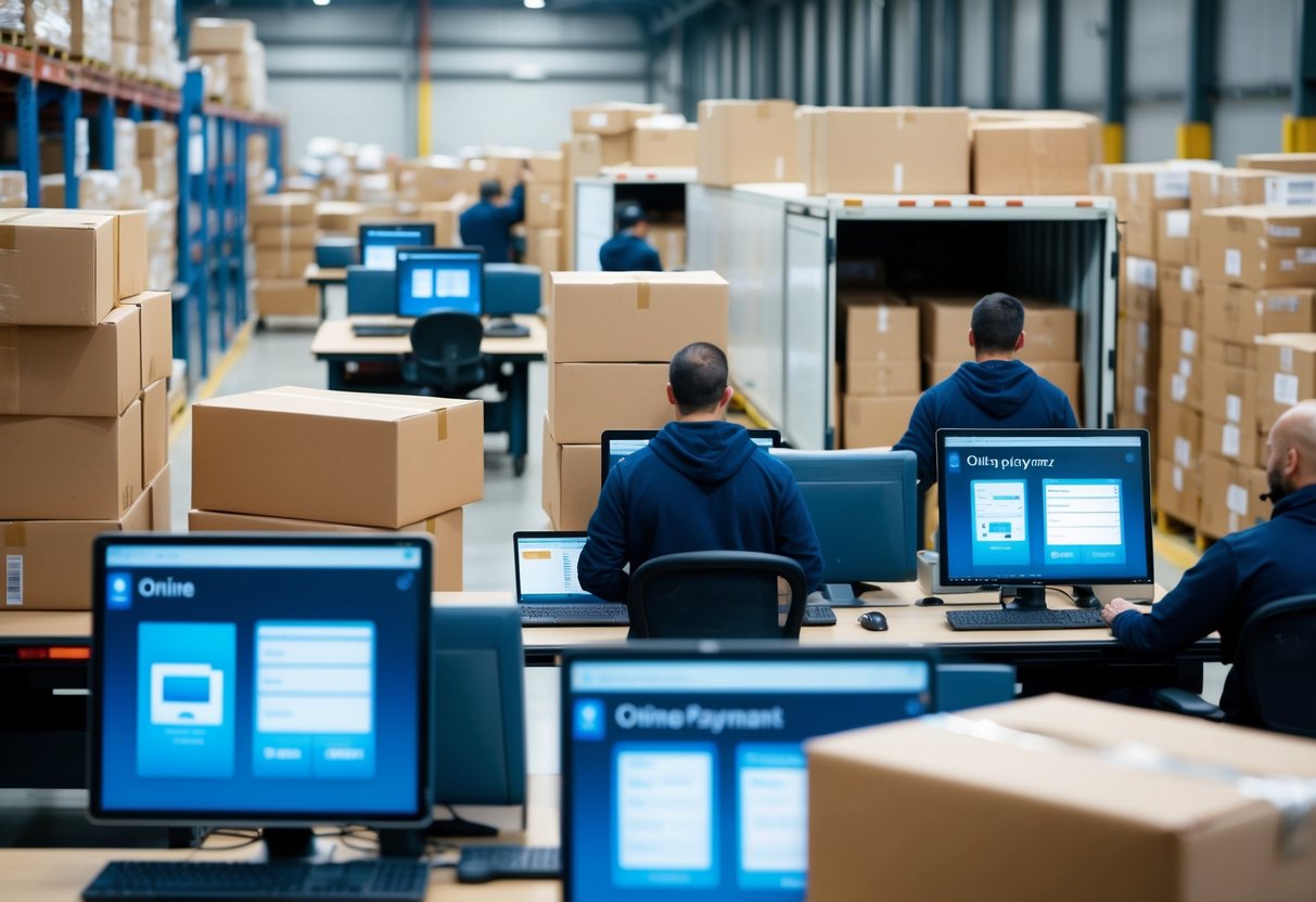 A bustling warehouse with packages being sorted, loaded onto trucks, and shipped out. Online payment systems are displayed on computer screens