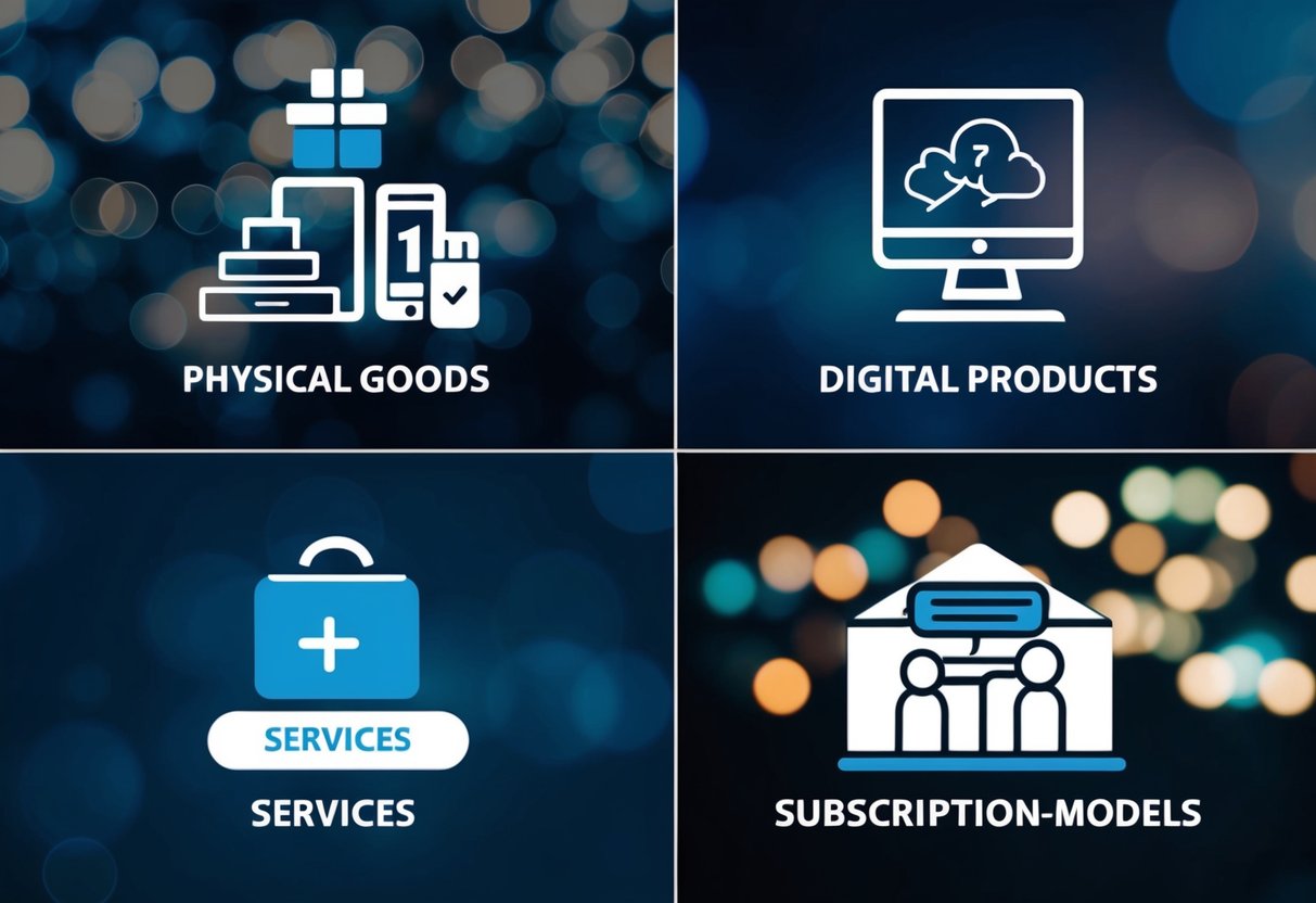 Four distinct e-commerce types depicted through visual symbols and icons, such as physical goods, digital products, services, and subscription-based models