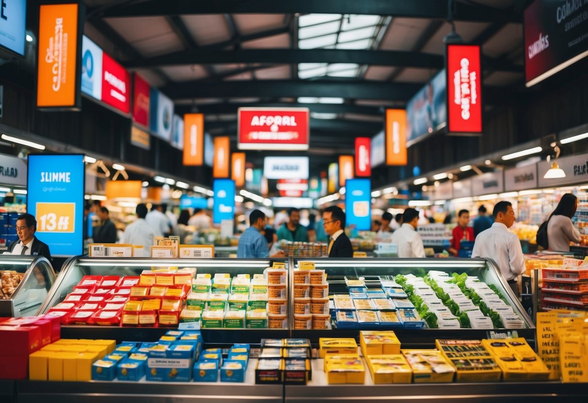 A bustling marketplace with various products displayed, surrounded by bold advertising and marketing materials