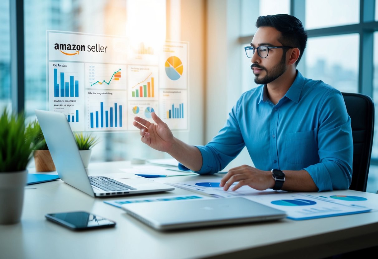 An Amazon seller analyzing data and brainstorming improvement strategies for Q4 sales. Graphs, charts, and a laptop are spread out on a desk