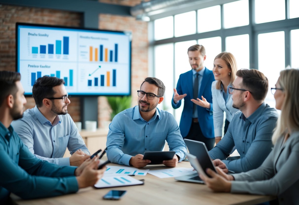 A group of Amazon sellers brainstorming and discussing strategies, with charts and graphs displayed on a large screen in the background