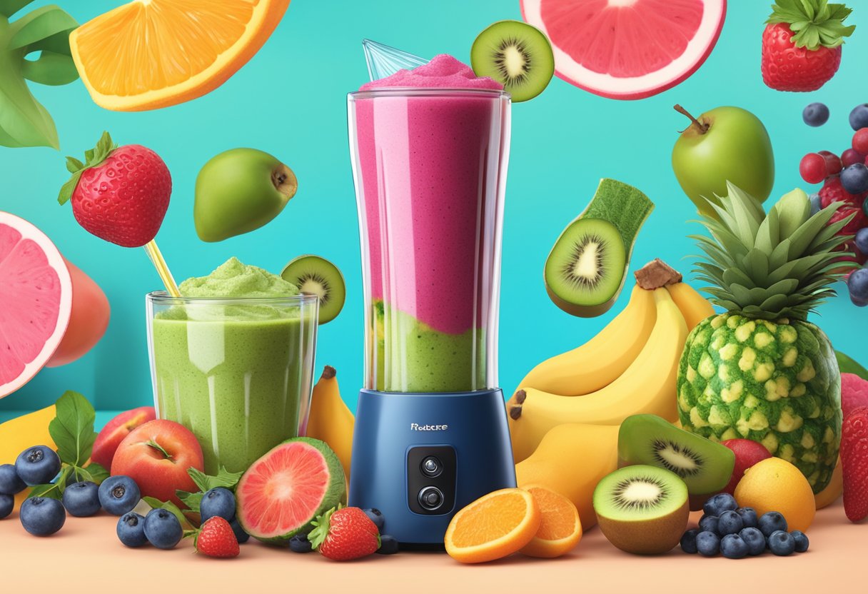 A vibrant smoothie made with fresh, high-quality testosterone-boosting ingredients, including fruits, vegetables, and supplements, blended together in a sleek, modern blender