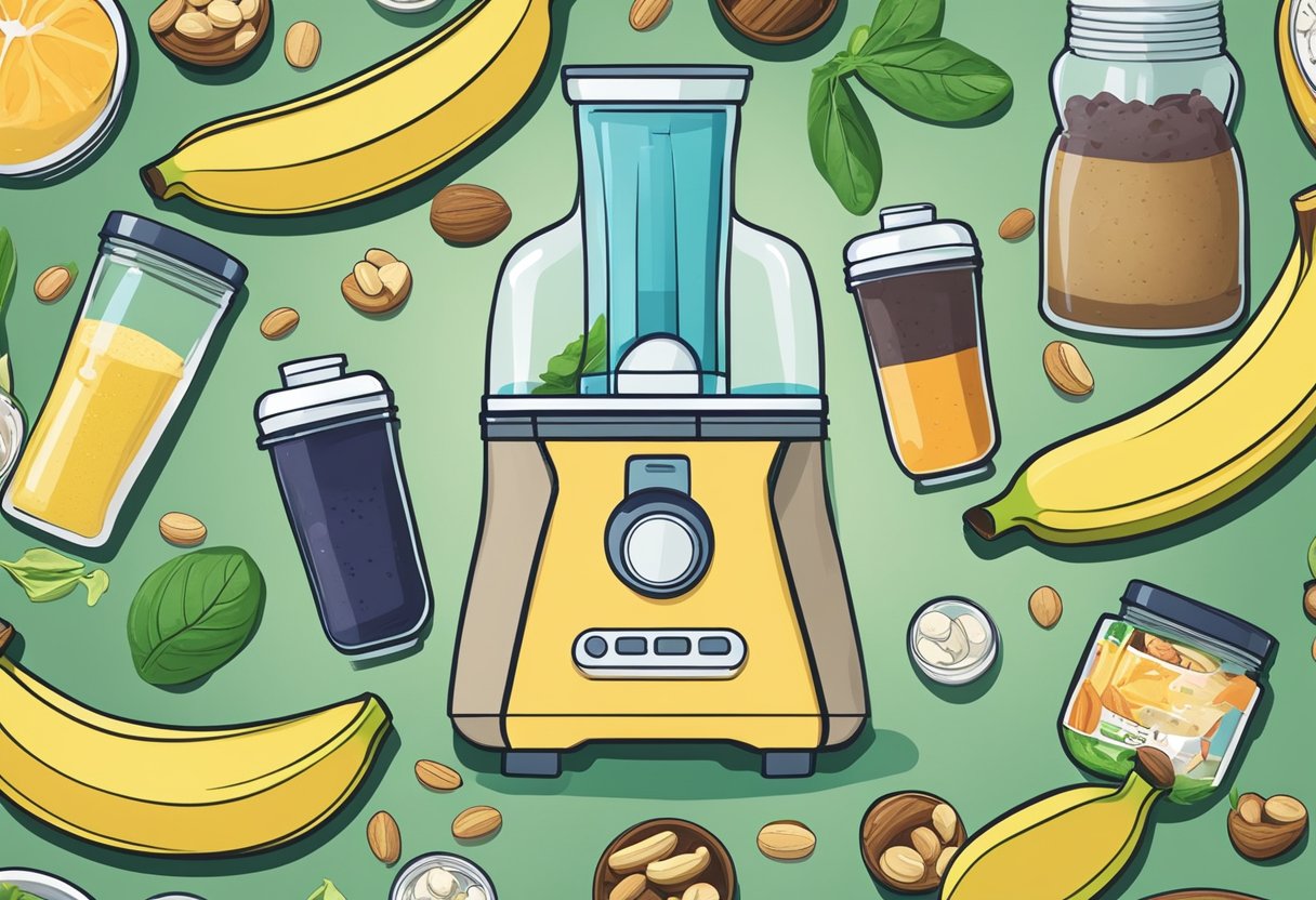 A blender whirling with ingredients like bananas, spinach, and nuts, surrounded by bottles of supplements and a testosterone-boosting smoothie being poured into a glass