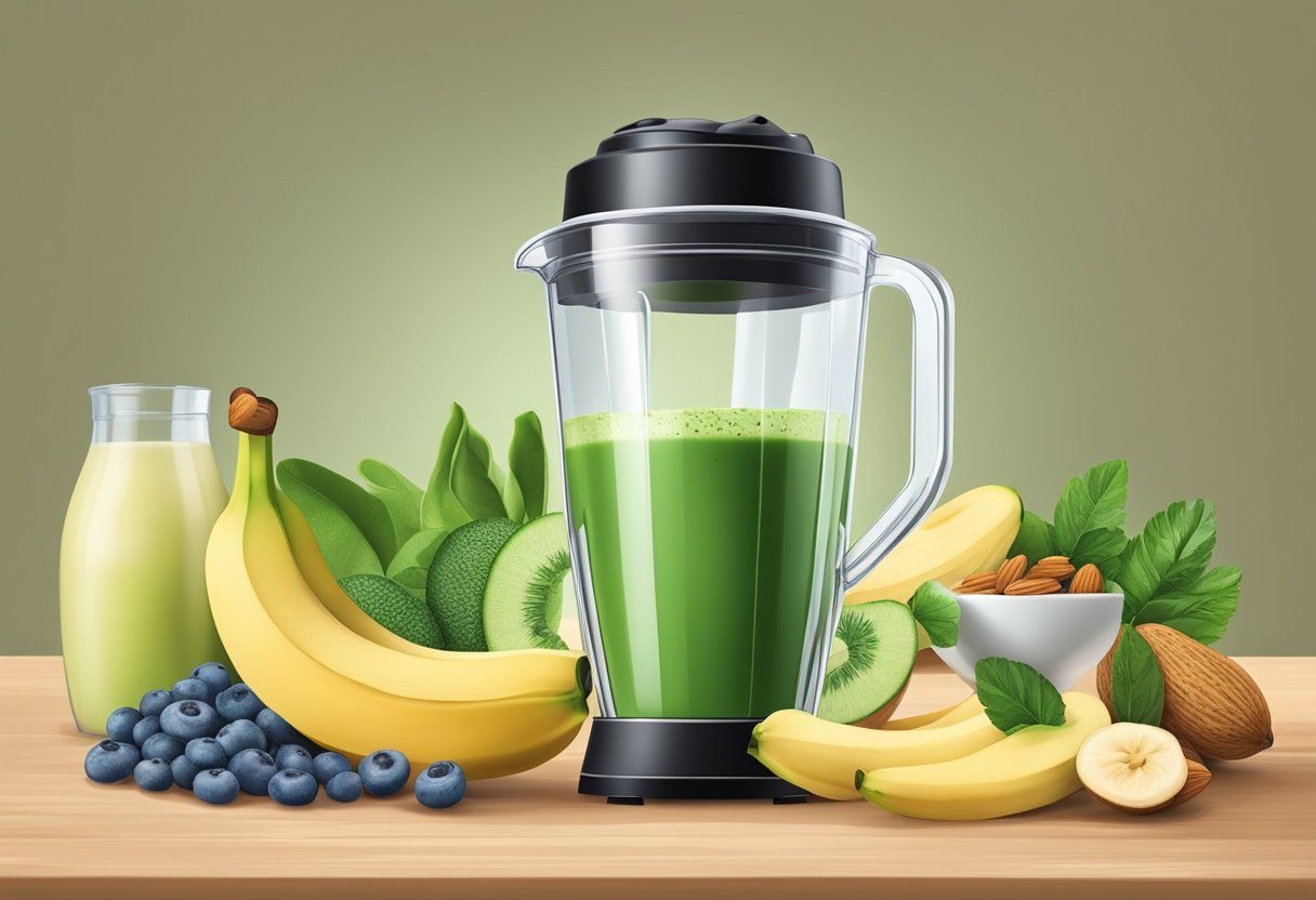 A blender whirrs as ingredients are poured in: protein powder, bananas, and almond milk. A vibrant green smoothie is poured into a glass