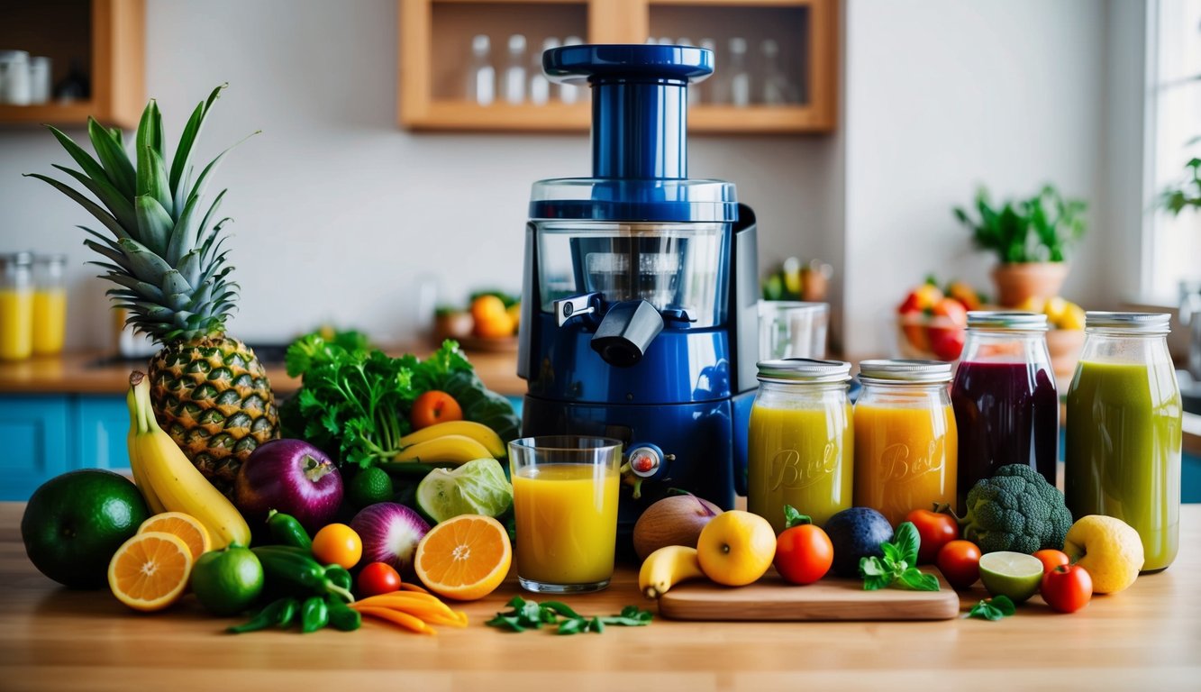 A colorful array of fresh fruits and vegetables, a cutting board, a juicer, and various glass bottles and jars for storing the vibrant juice concoctions