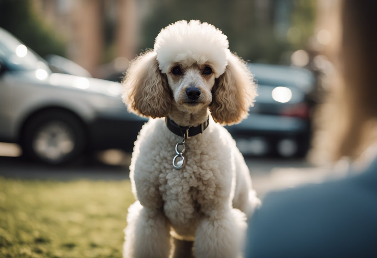 A poodle watches as another poodle gets attention, looking forlorn