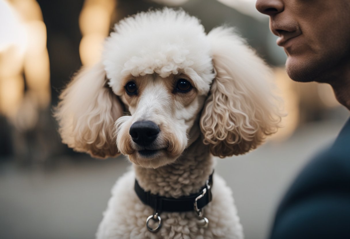 A poodle stares with narrowed eyes as another poodle receives attention from their owner. Tail stiff, ears back