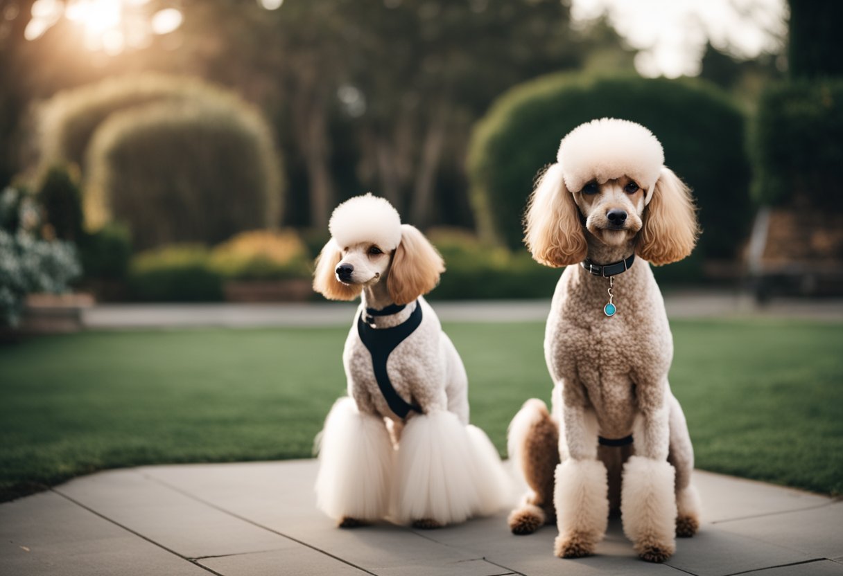 A poodle looks on as another poodle receives attention, its body tense and ears pinned back, conveying jealousy and longing for the same affection