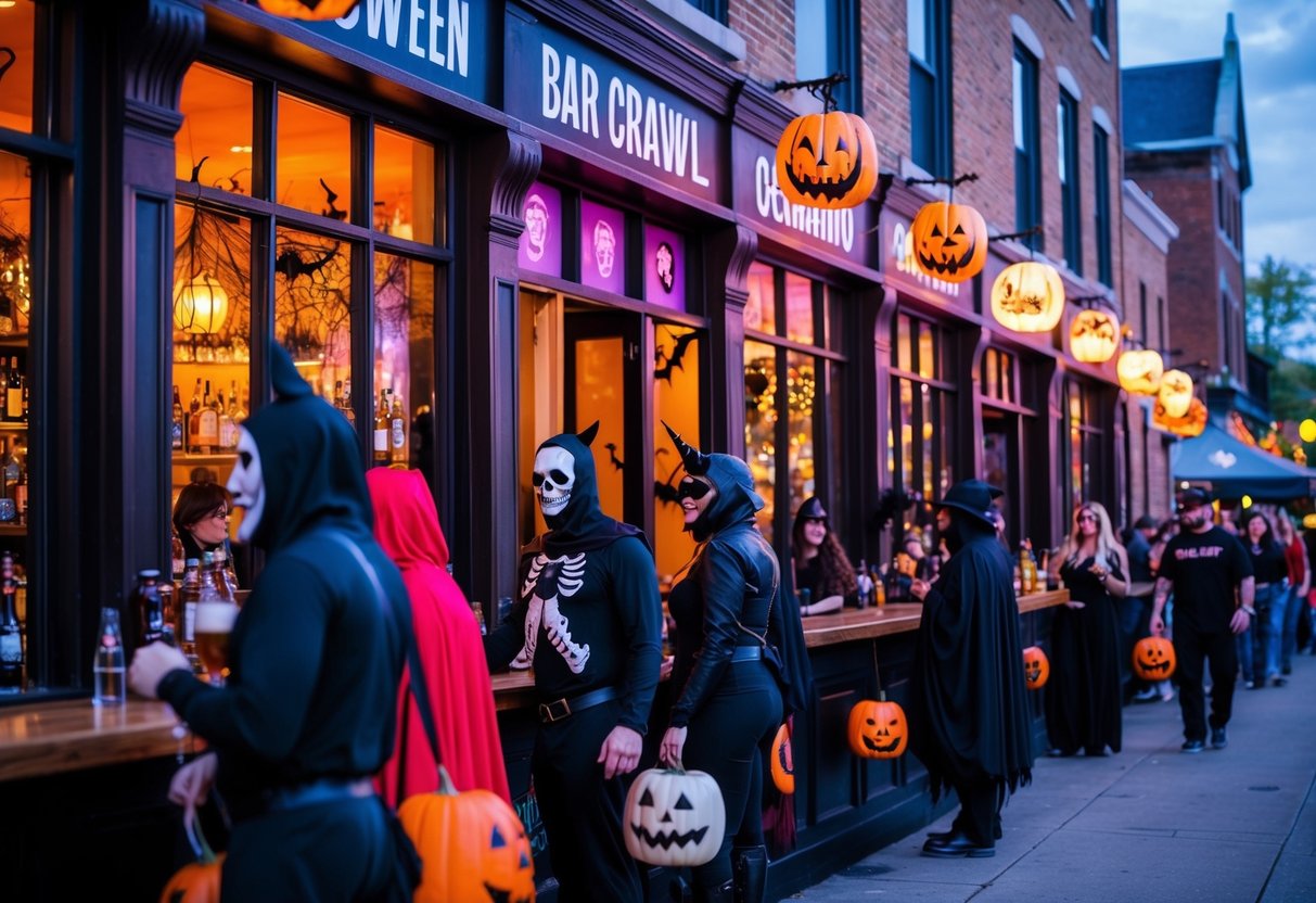 A row of themed bars with spooky decorations and costumed patrons on the Halloween Bar Crawl Event in Geneva, Ohio