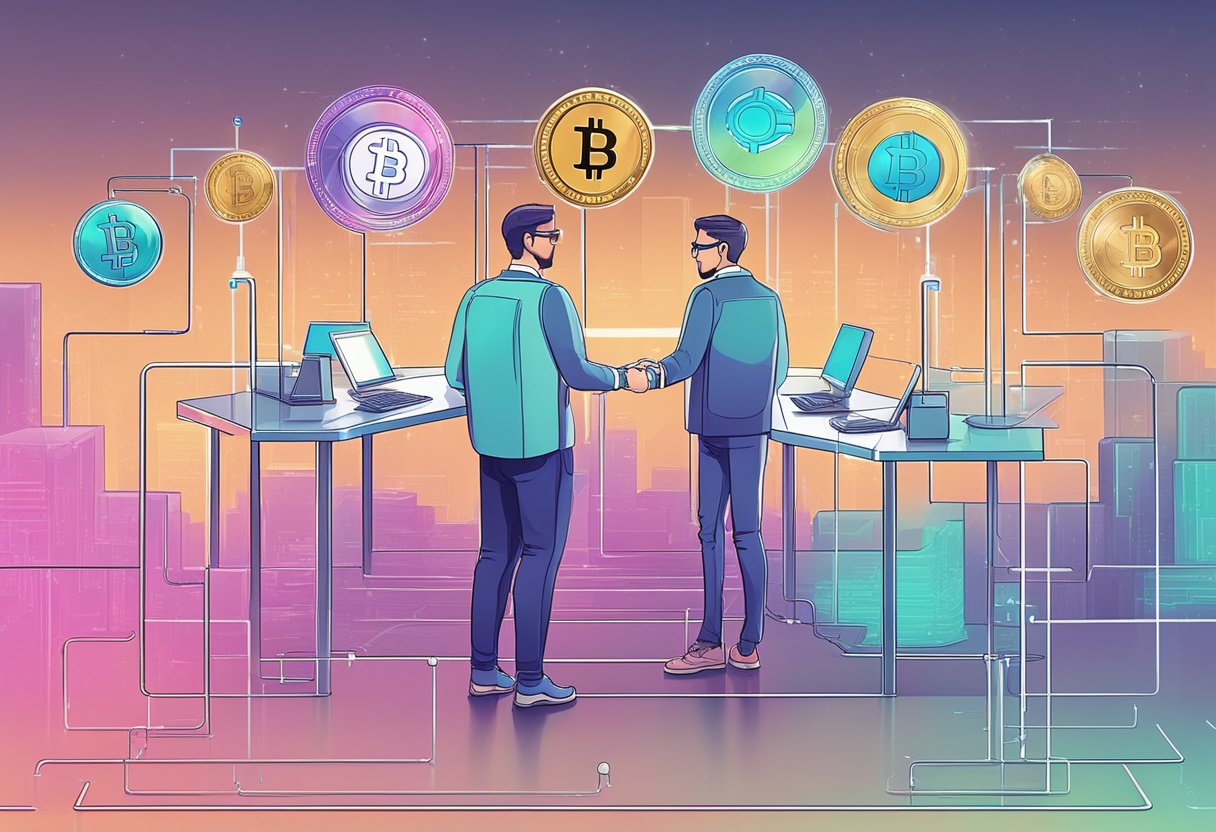 A digital coin swapping process, showing two different cryptocurrencies being exchanged through a secure and transparent blockchain network