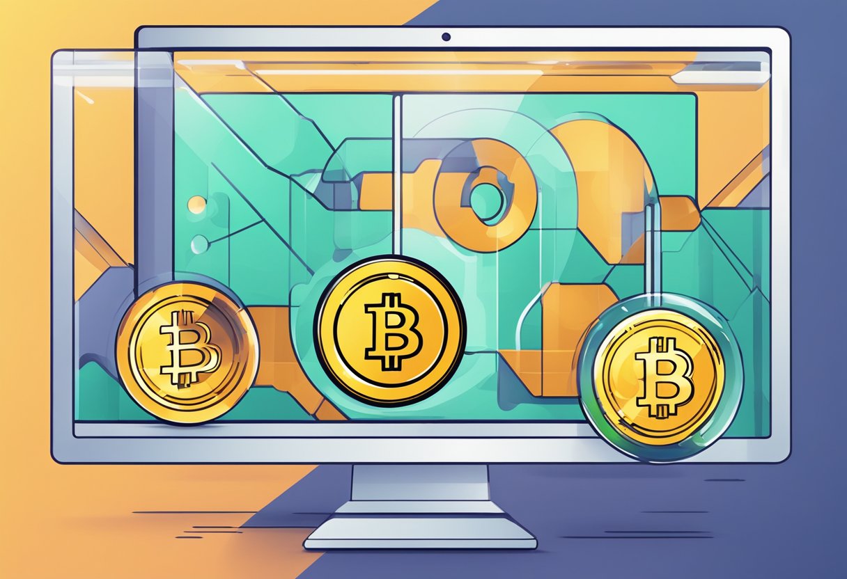 A computer screen with two cryptocurrency icons exchanging positions, representing the concept of swapping in the crypto world