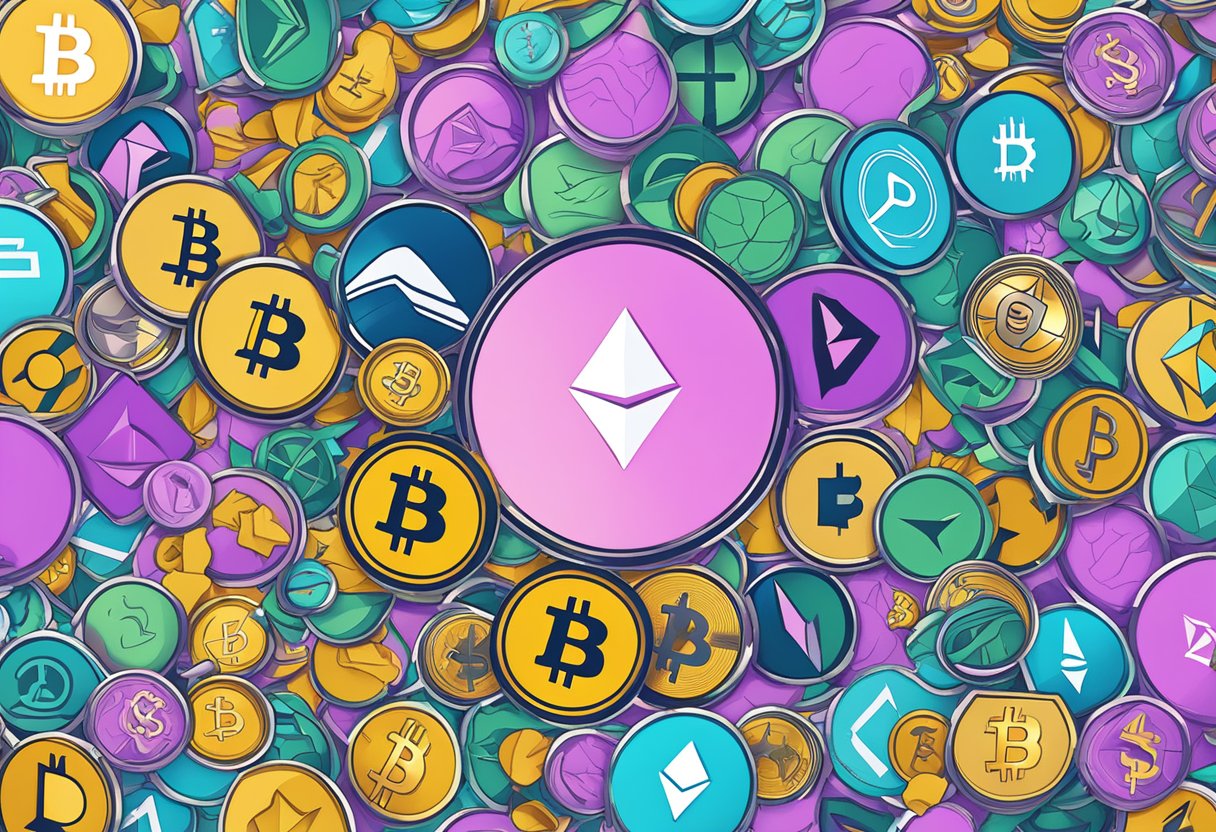 A digital depiction of two cryptocurrency symbols swapping places with various other symbols representing liquidity and trading pairs surrounding them