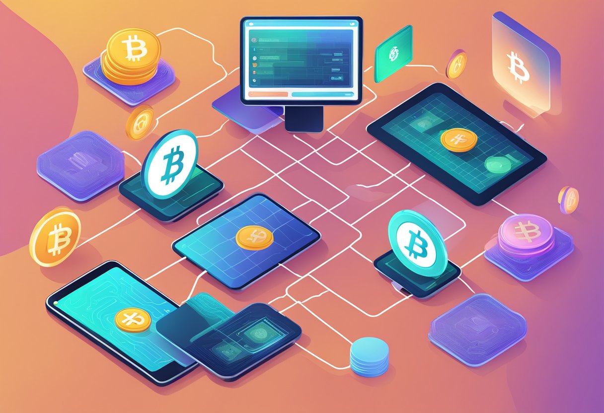 A computer screen displaying two digital wallets exchanging different types of cryptocurrency tokens with a dynamic visual representation of the transaction process