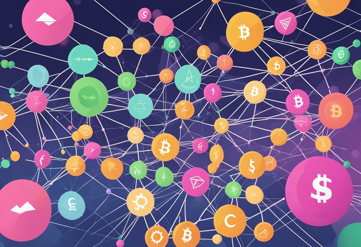 A computer screen displays a series of interconnected nodes representing different cryptocurrencies, with arrows indicating the swapping of assets between them