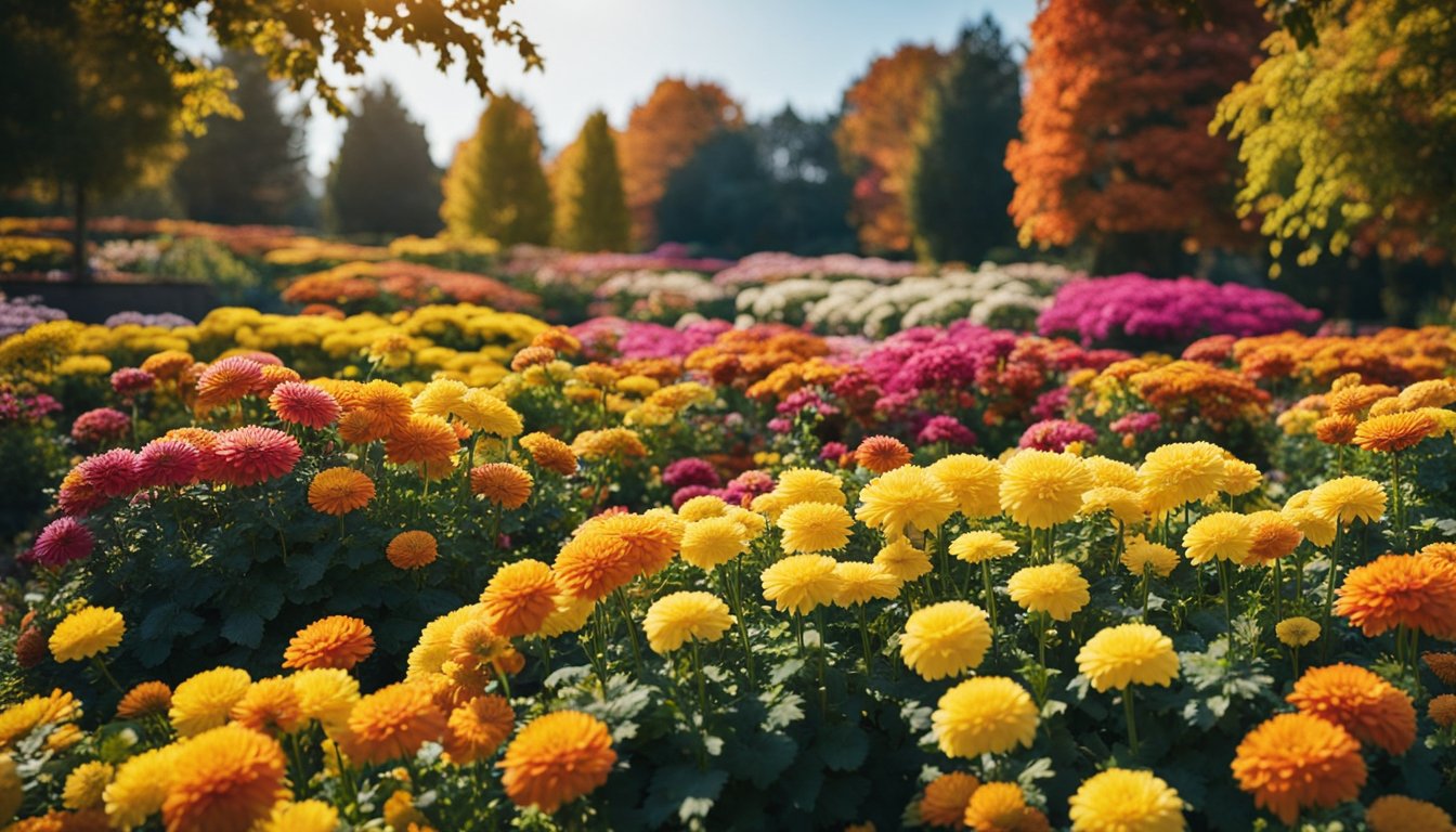 A vibrant garden bed filled with blooming chrysanthemums in various colors, creating a stunning display of autumn. Sky is clear blue, trees starting to change color