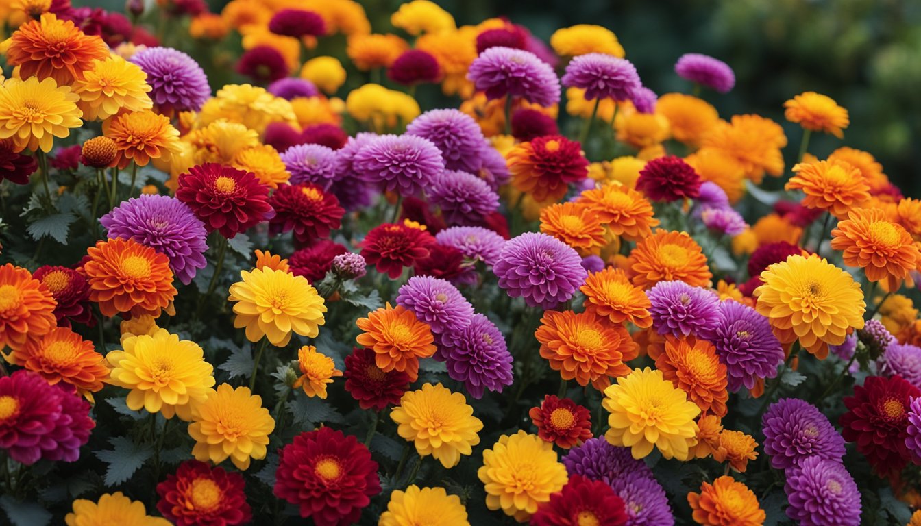 A garden bursting with vibrant chrysanthemums in yellow, red, orange, and purple, set against a clear blue sky and transitioning fall foliage