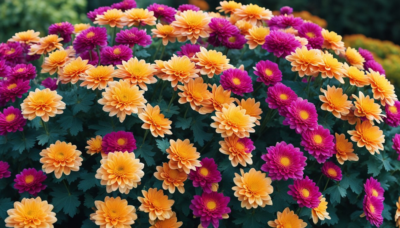 Lush chrysanthemums in vibrant colors fill the garden bed, creating a stunning autumn display against a clear blue sky and changing leaves