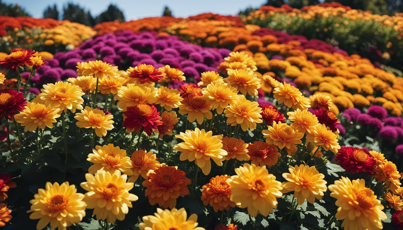 A lush garden of vibrant chrysanthemums in yellow, red, orange, and purple, set against a clear blue sky and transitioning fall foliage