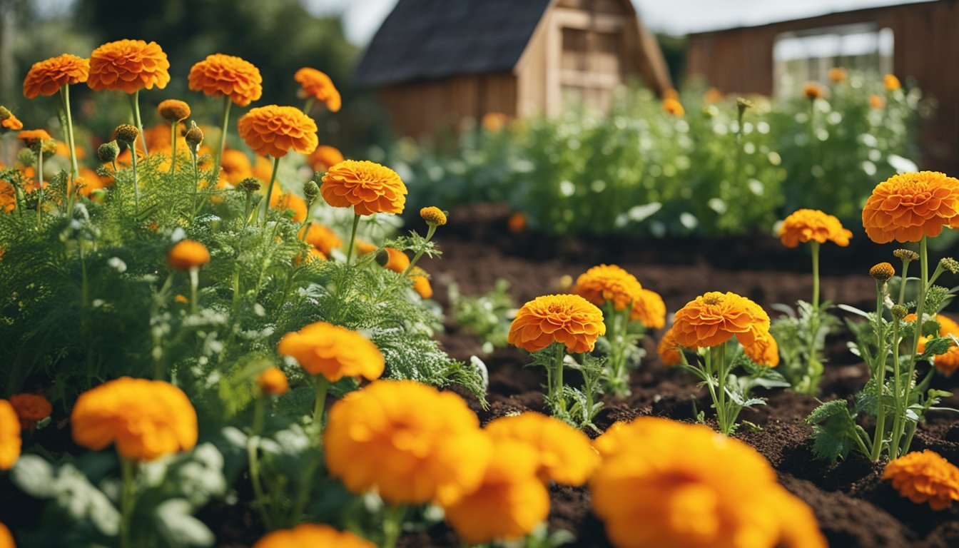 Healthy vegetable garden with vibrant marigolds in full bloom, nestled alongside practical garden shed