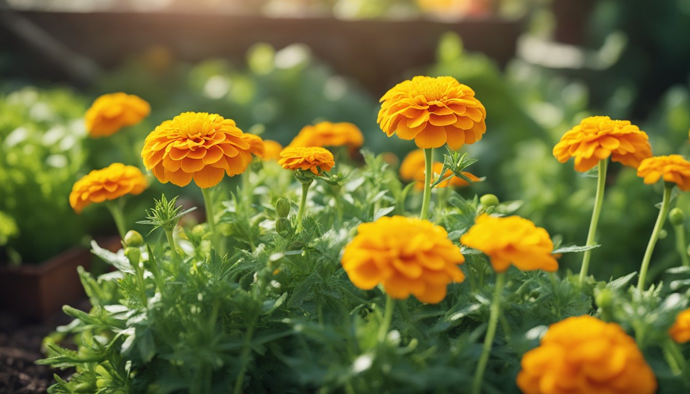 Bright marigolds bloom among vegetables, repelling pests in a rustic garden setting