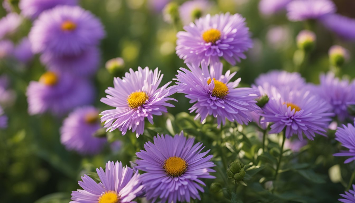 Pruning shears trim spent blooms on asters, pile of cut stems nearby. Garden bed with blooming flowers in the background