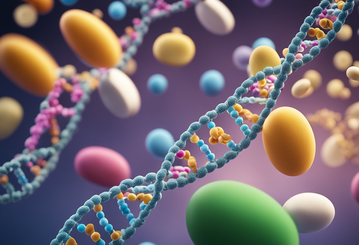 A tangled DNA strand with a "MTHFR" gene highlighted, surrounded by various vitamin supplements appearing ineffective