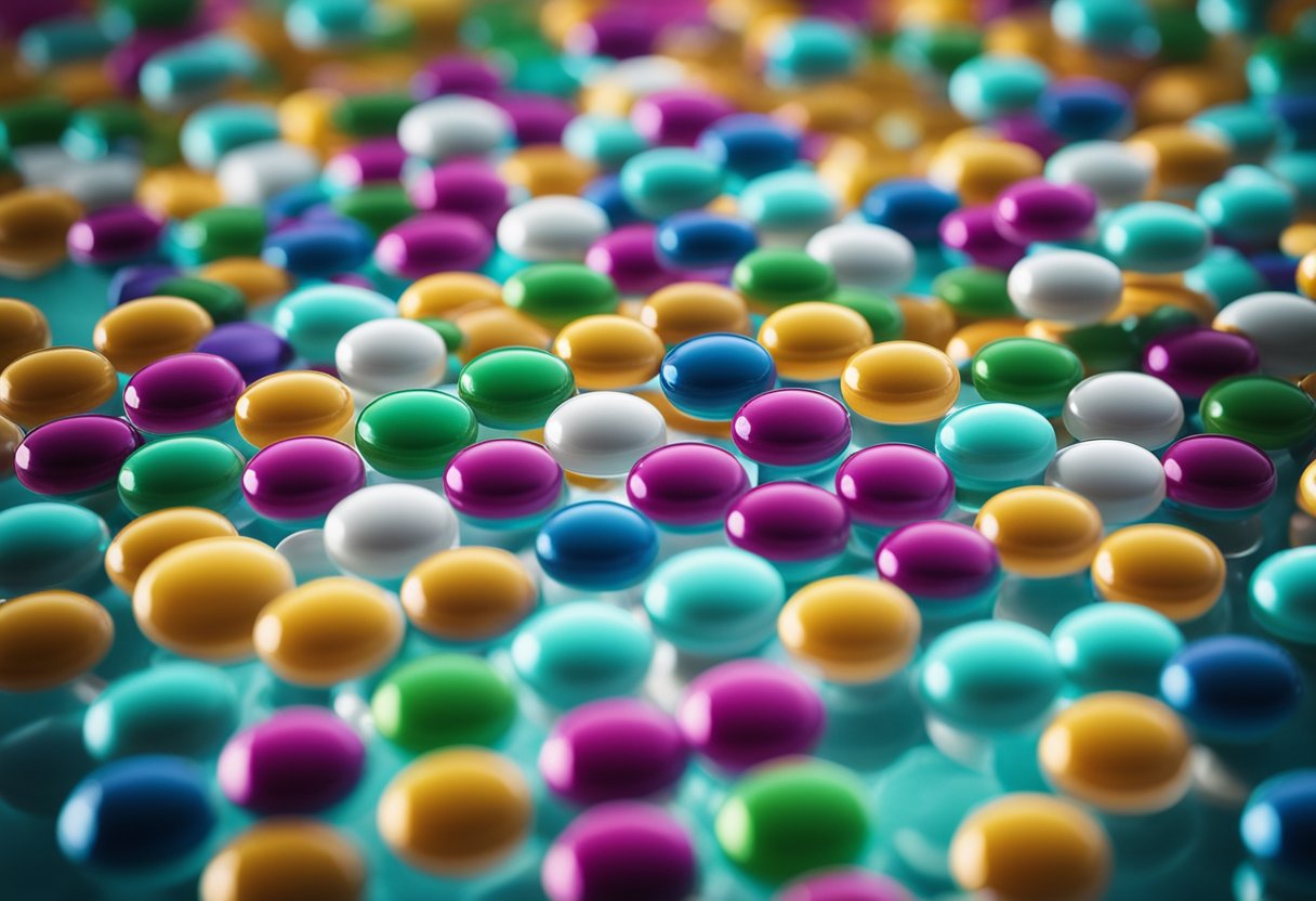 A microscope revealing the intricate structure of the MTHFR gene, surrounded by colorful vitamin capsules floating in the background