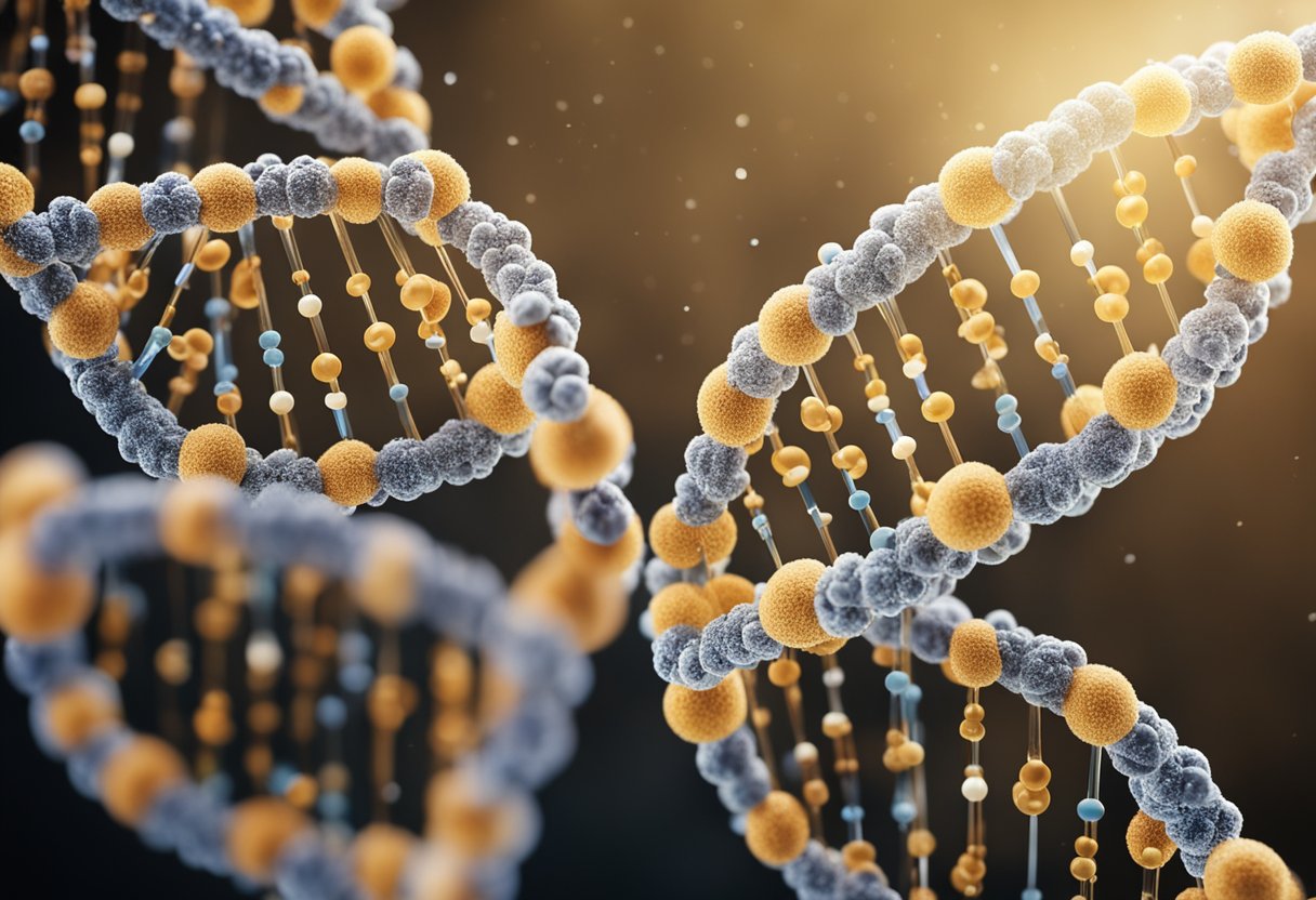 A DNA strand with a mutated MTHFR gene surrounded by ineffective vitamin capsules