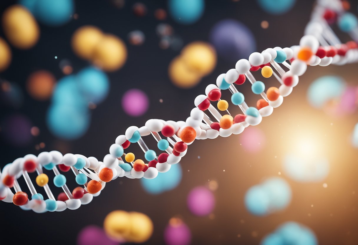 A DNA double helix with the MTHFR gene highlighted, surrounded by various vitamin and supplement capsules floating around it