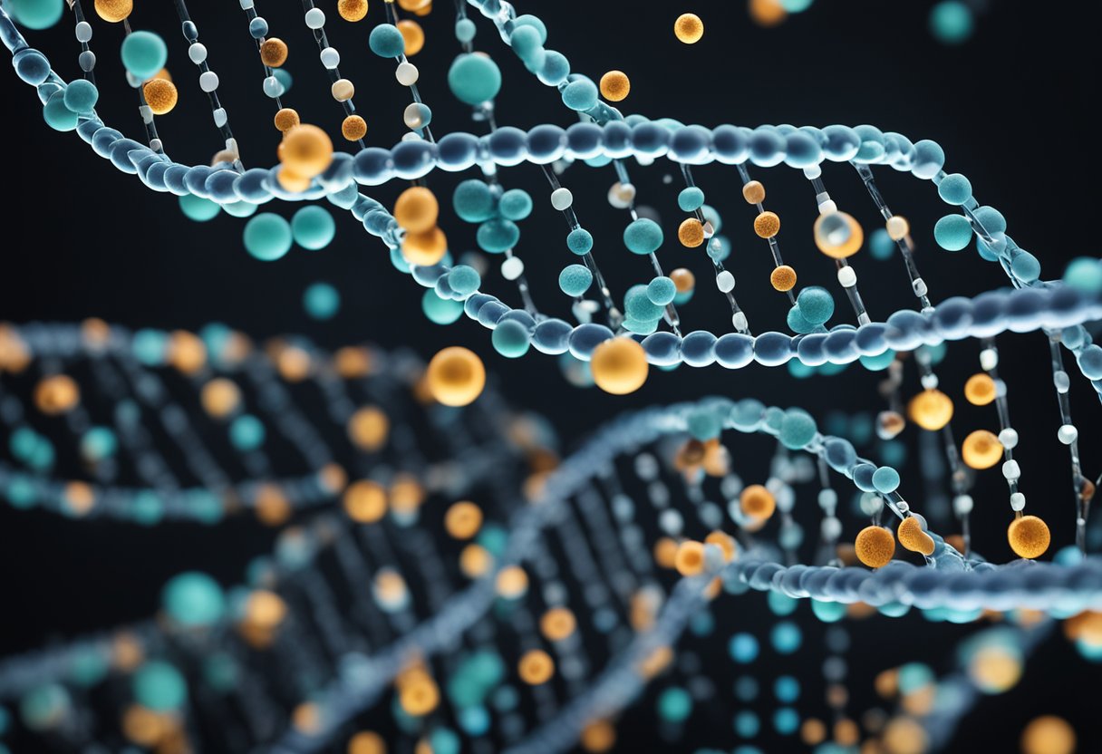 A DNA double helix with a highlighted MTHFR gene surrounded by various vitamin and supplement capsules