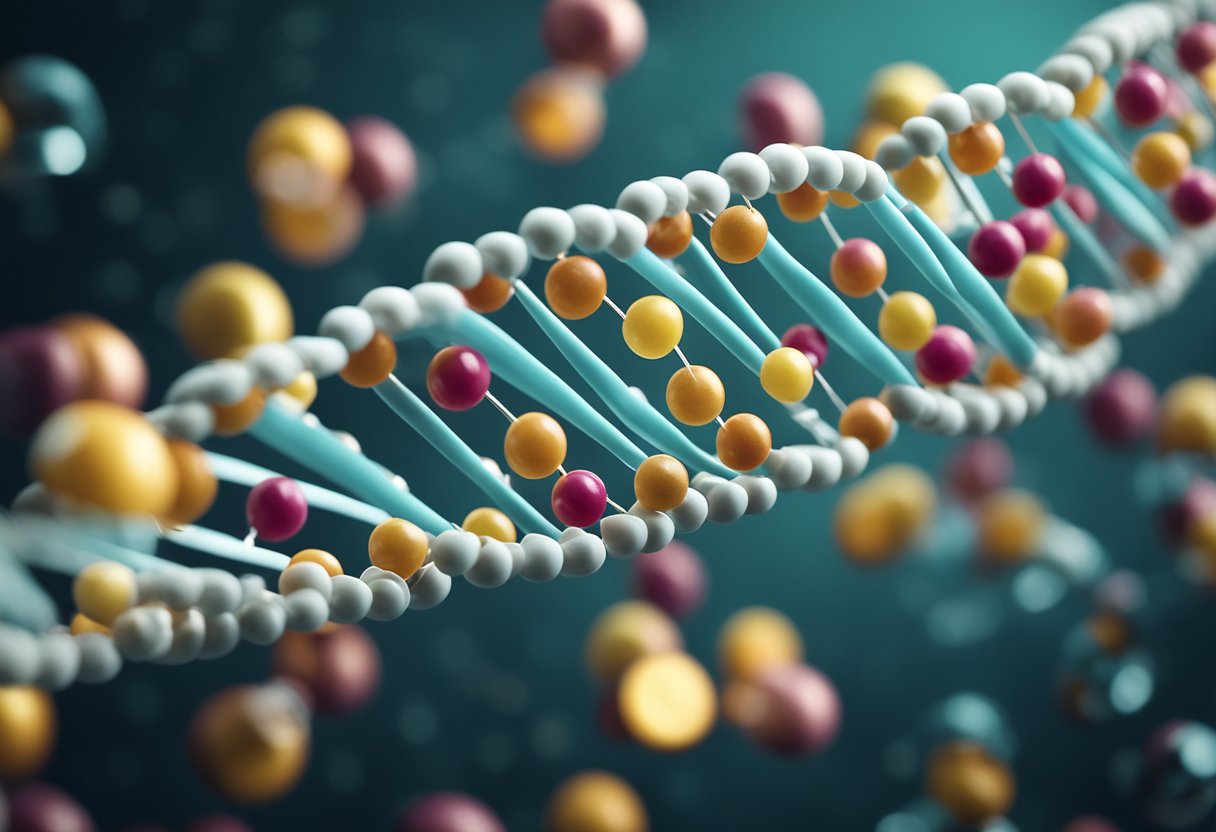 A DNA double helix with the MTHFR gene highlighted, surrounded by vitamin capsules and a question mark