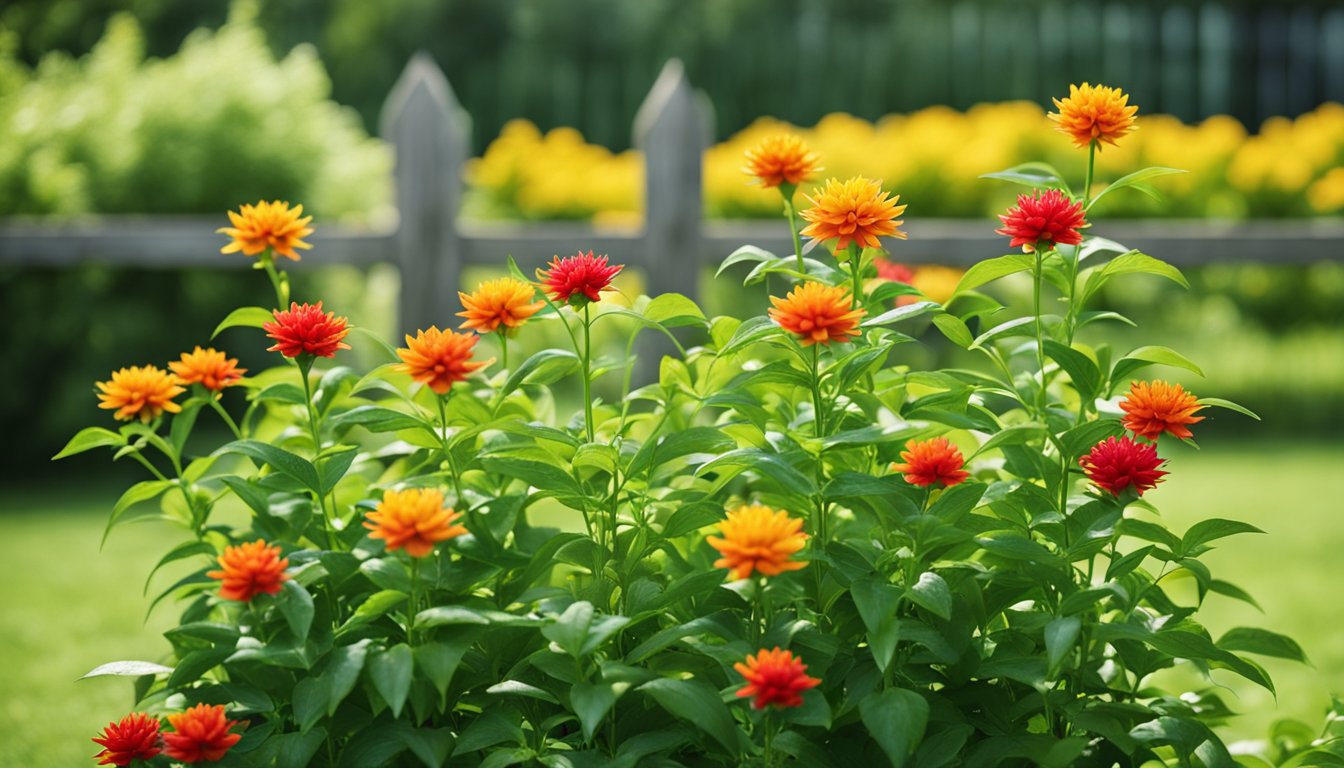 Colorful ornamental pepper plants pop against green foliage in a sunny garden with a wooden fence