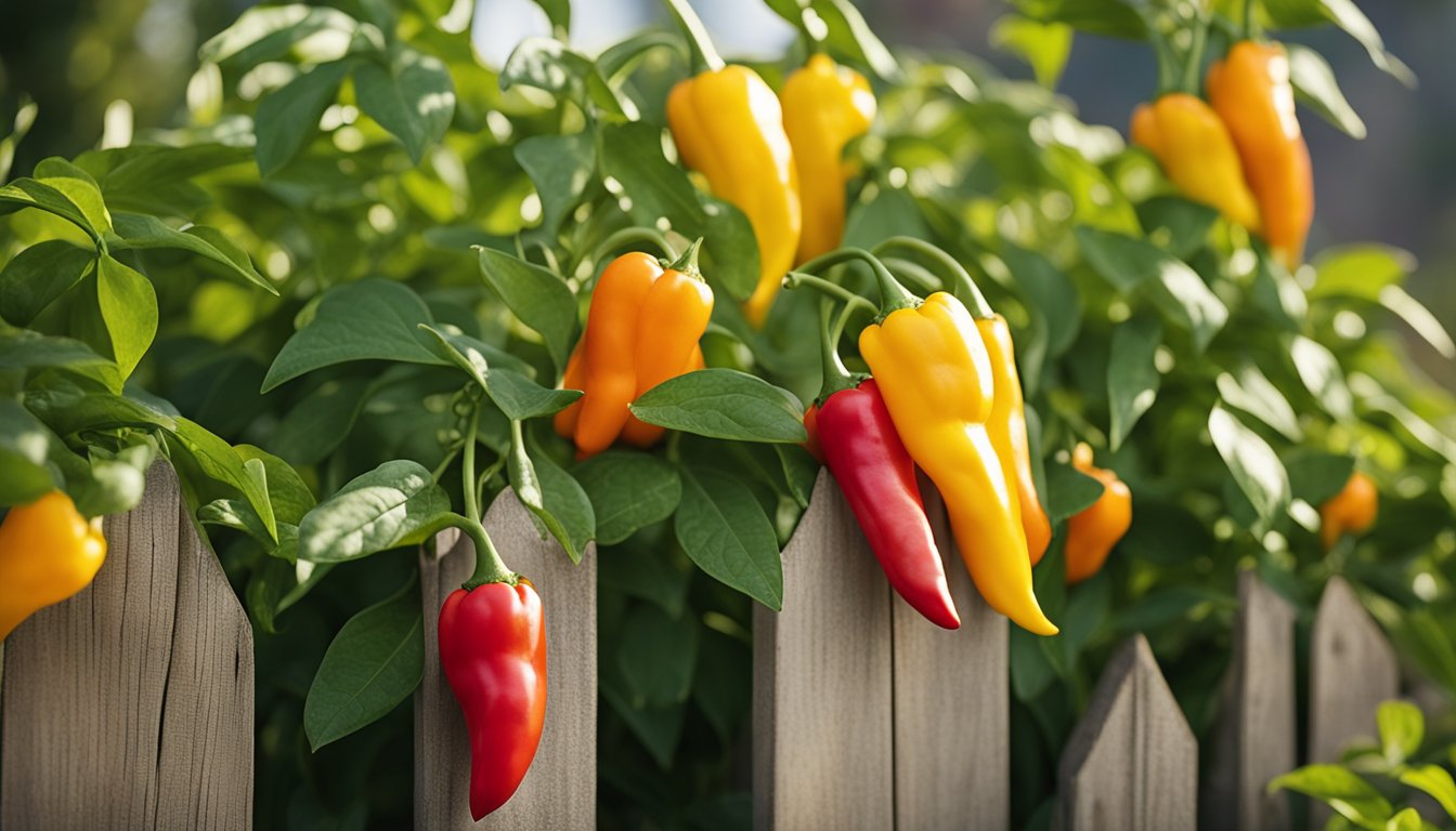 Ornamental peppers in red, yellow, and orange pop against green foliage in a sunny garden with a wooden fence