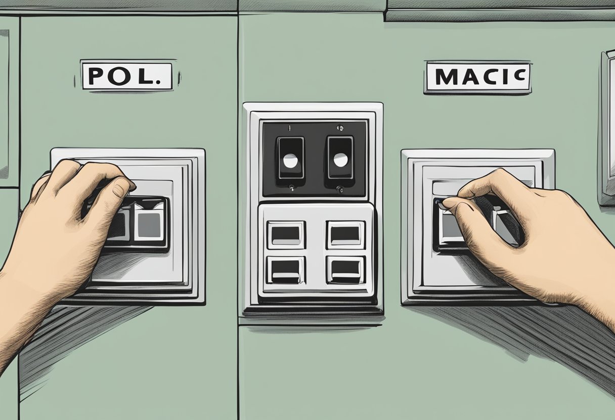 A hand reaching out to a switch, with one side labeled "MATIC" and the other "POL," ready to make the change