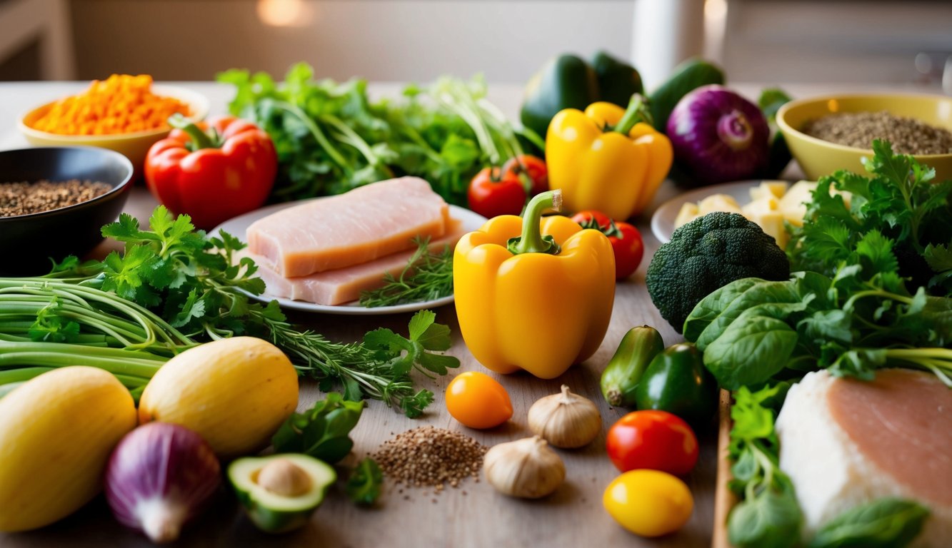 A table set with colorful, fresh ingredients like vegetables, lean proteins, and healthy fats. A variety of herbs and spices are scattered around, ready to be used in the recipes