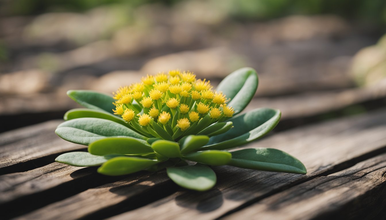 A close-up of Rhodiola Rosea on weathered wood