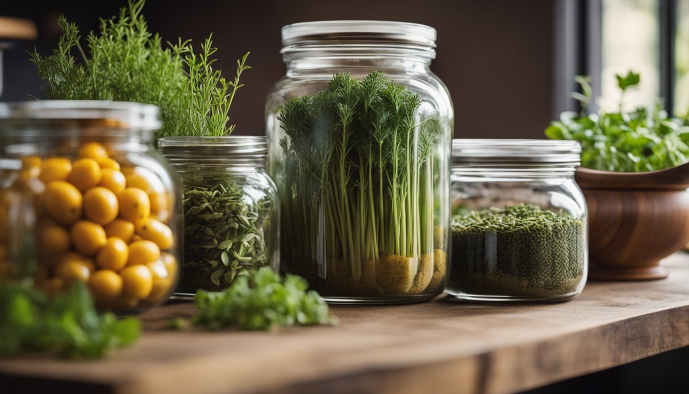 A variety of energy-boosting herbs in glass jars and bowls on a wooden table in a cozy kitchen, creating a warm and inviting atmosphere