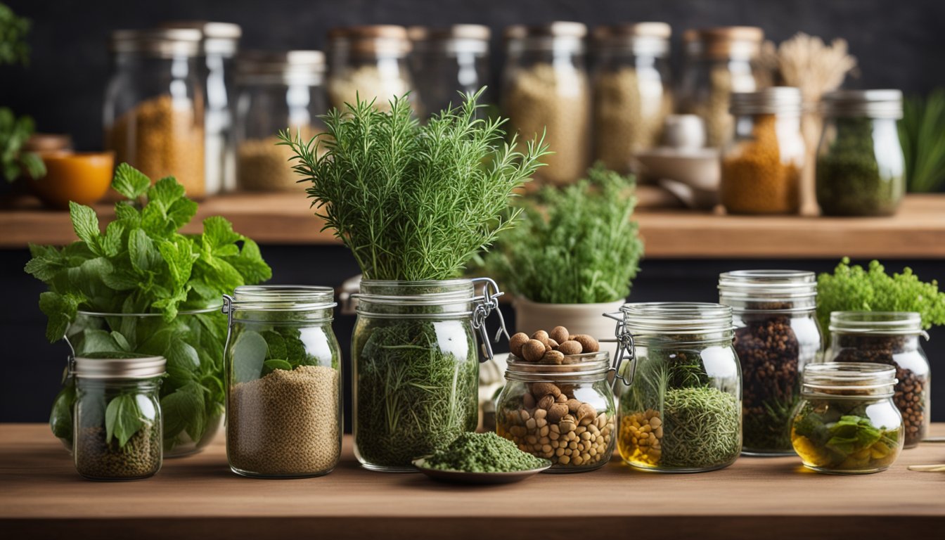 A variety of energy-boosting herbs displayed on a wooden table in glass jars and bowls, with a cozy kitchen as the background