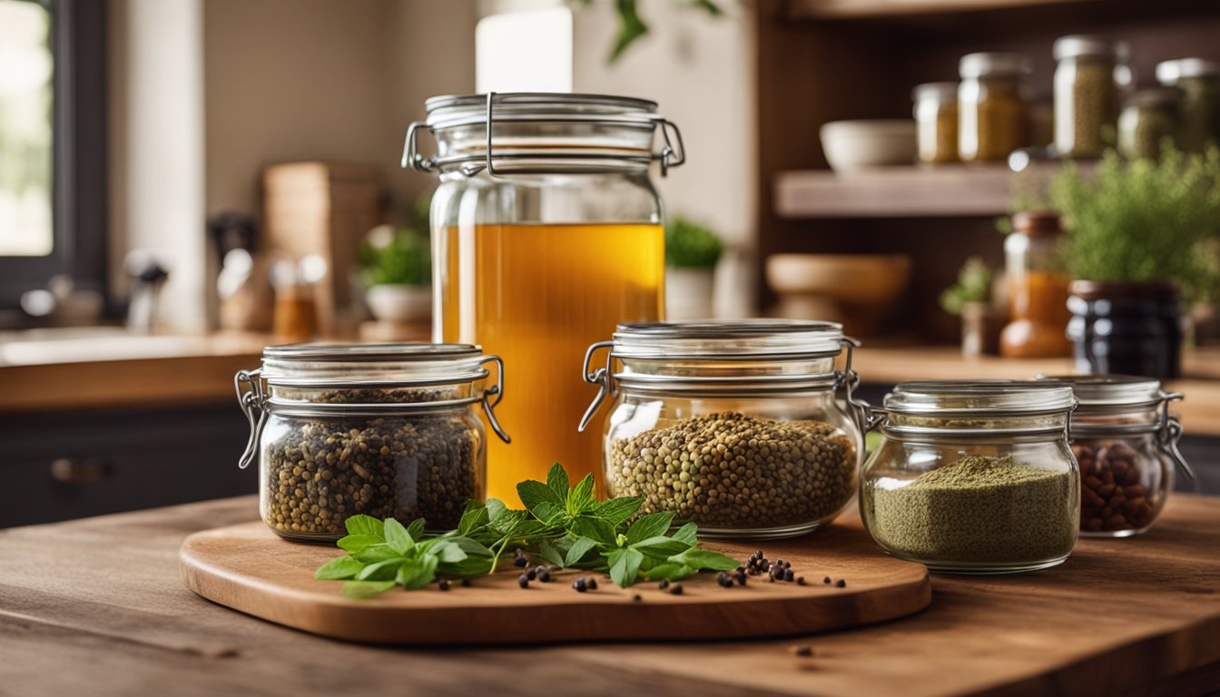 A variety of energy-boosting herbs in glass jars and bowls on a wooden table in a cozy kitchen with shelves of spices