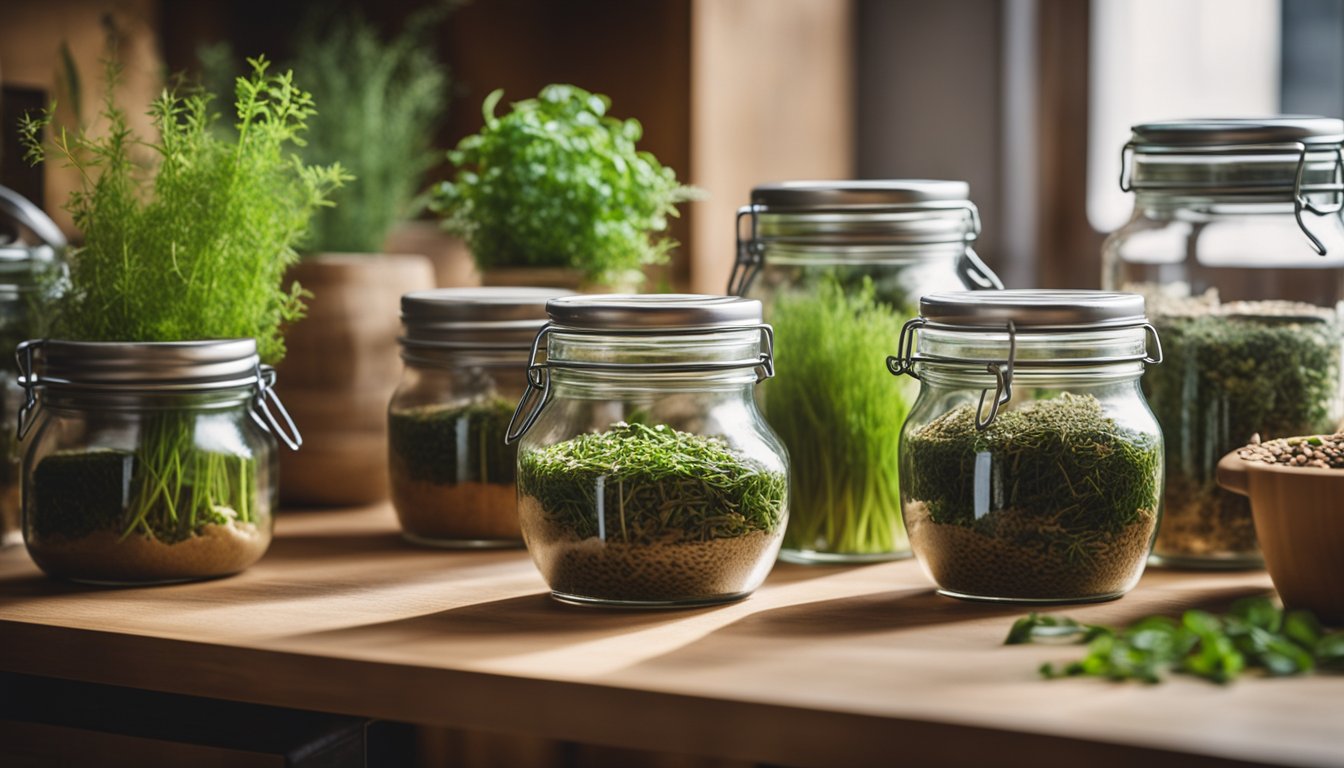 A wooden table displays energy-boosting herbs in glass jars and bowls, with cozy kitchen shelves in the background