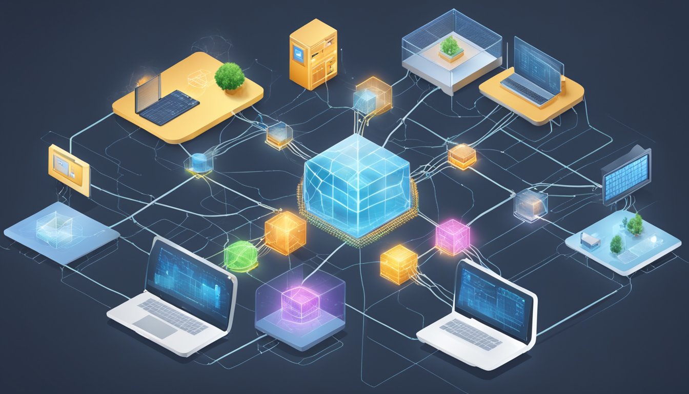 A home network surrounded by a force field, with layers of security measures like firewalls, encryption, and monitoring systems in place