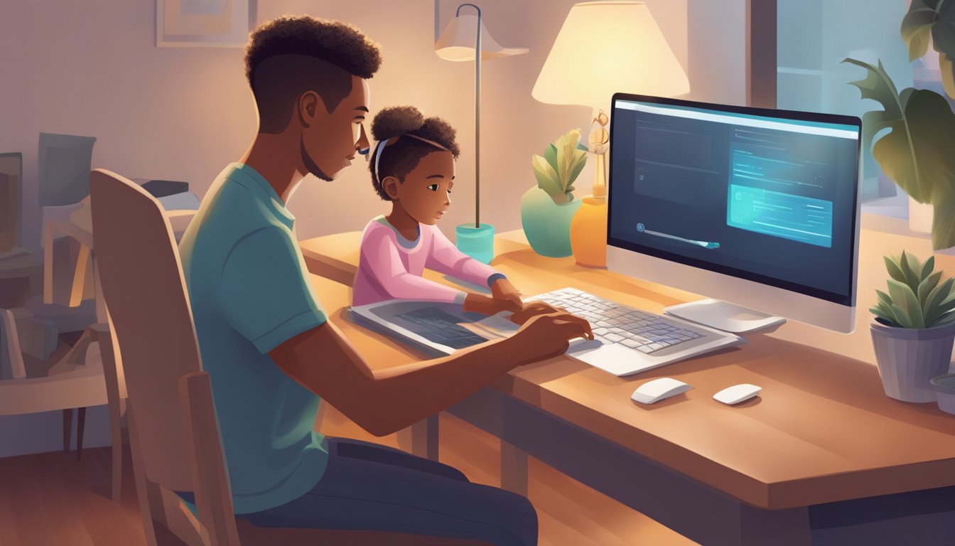 A parent adjusting settings on a computer, with a child nearby. The parent is setting up parental controls to manage internet access in the home