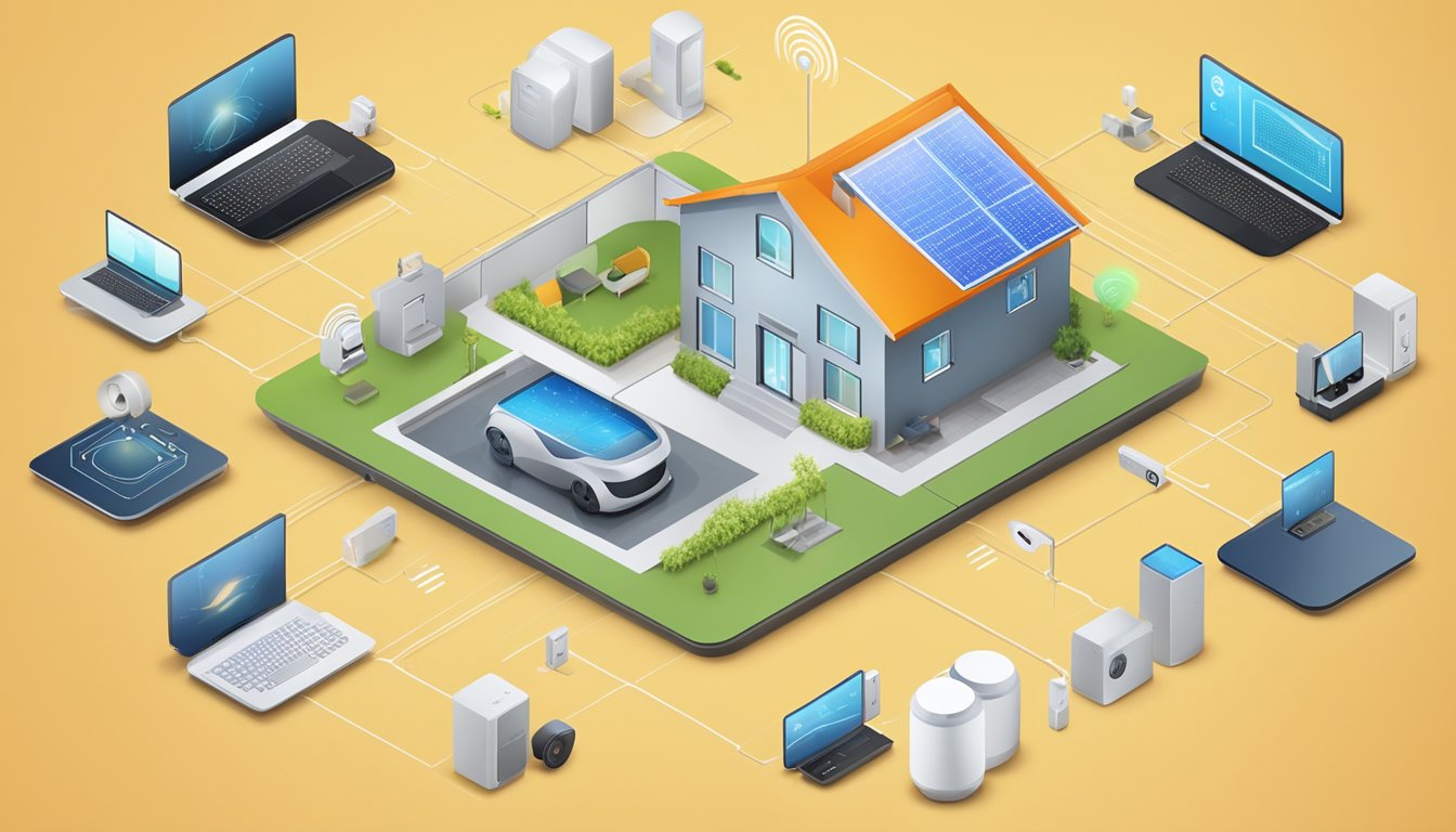 Various smart home devices (thermostat, security camera, smart speaker) connected to a central hub with a secure network and firewall protection