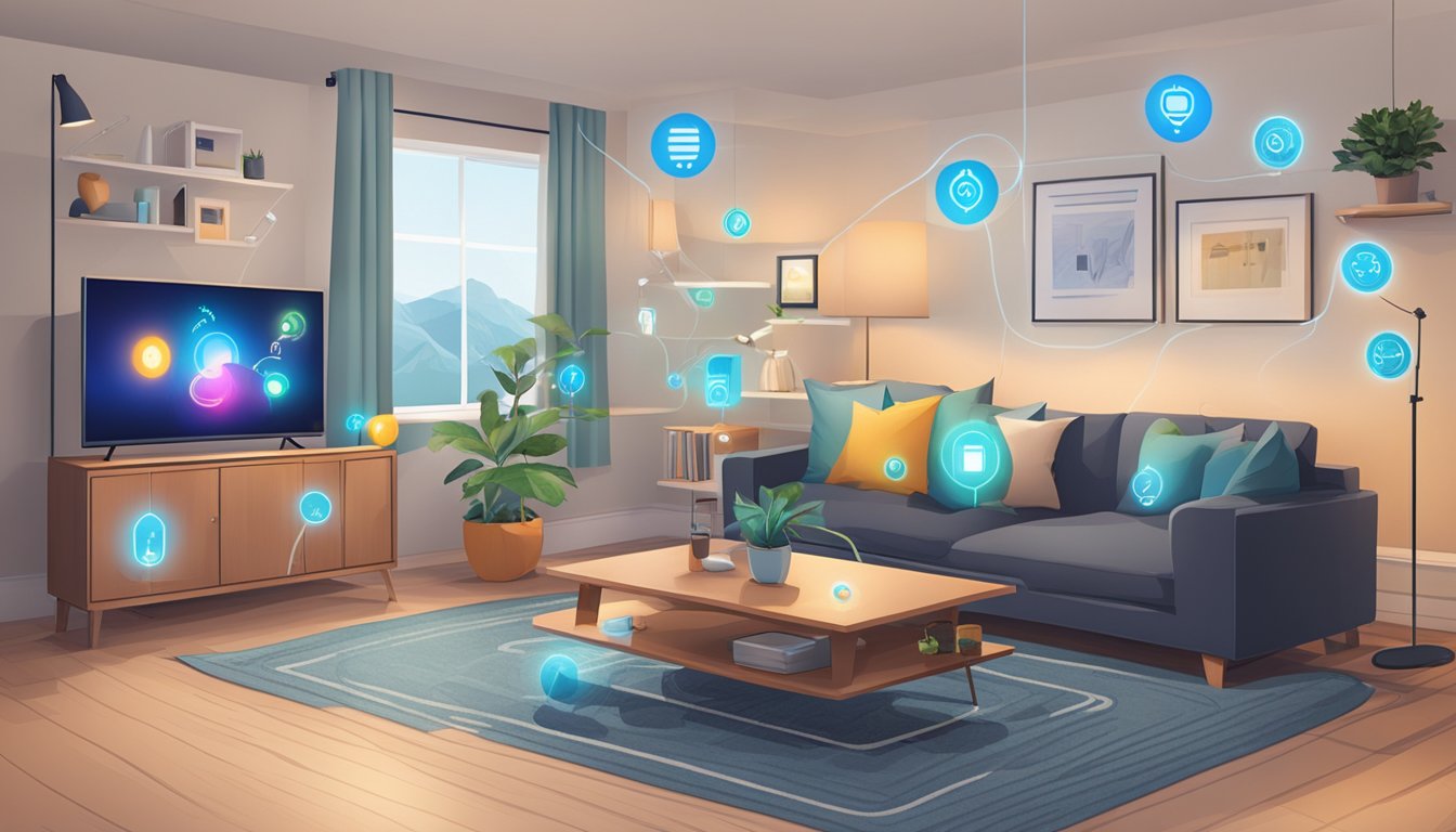 A living room with various IoT devices such as smart lights, thermostat, and security cameras all seamlessly connected and controlled through voice commands