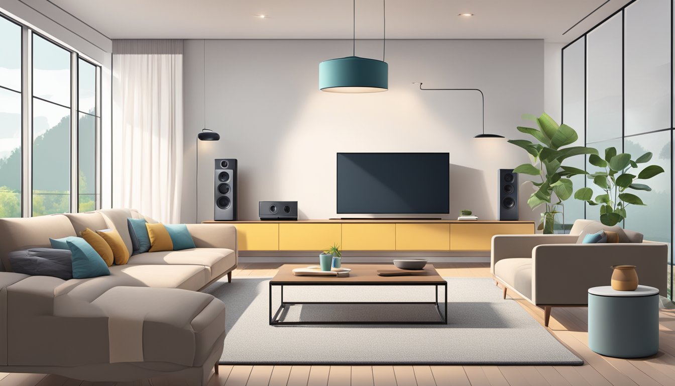 A modern living room with various smart home devices seamlessly connected and interacting with each other