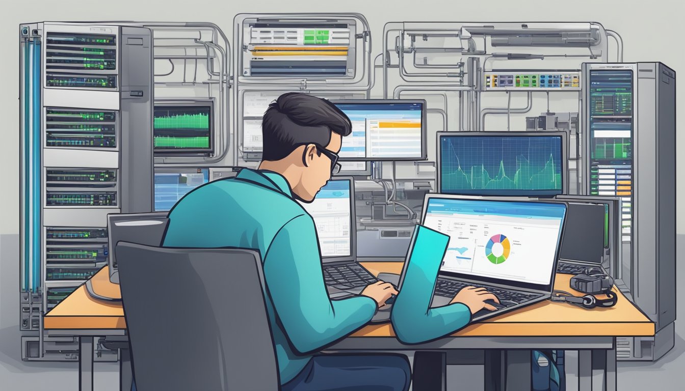 A technician uses a laptop to monitor network bandwidth with a variety of precise tools and techniques