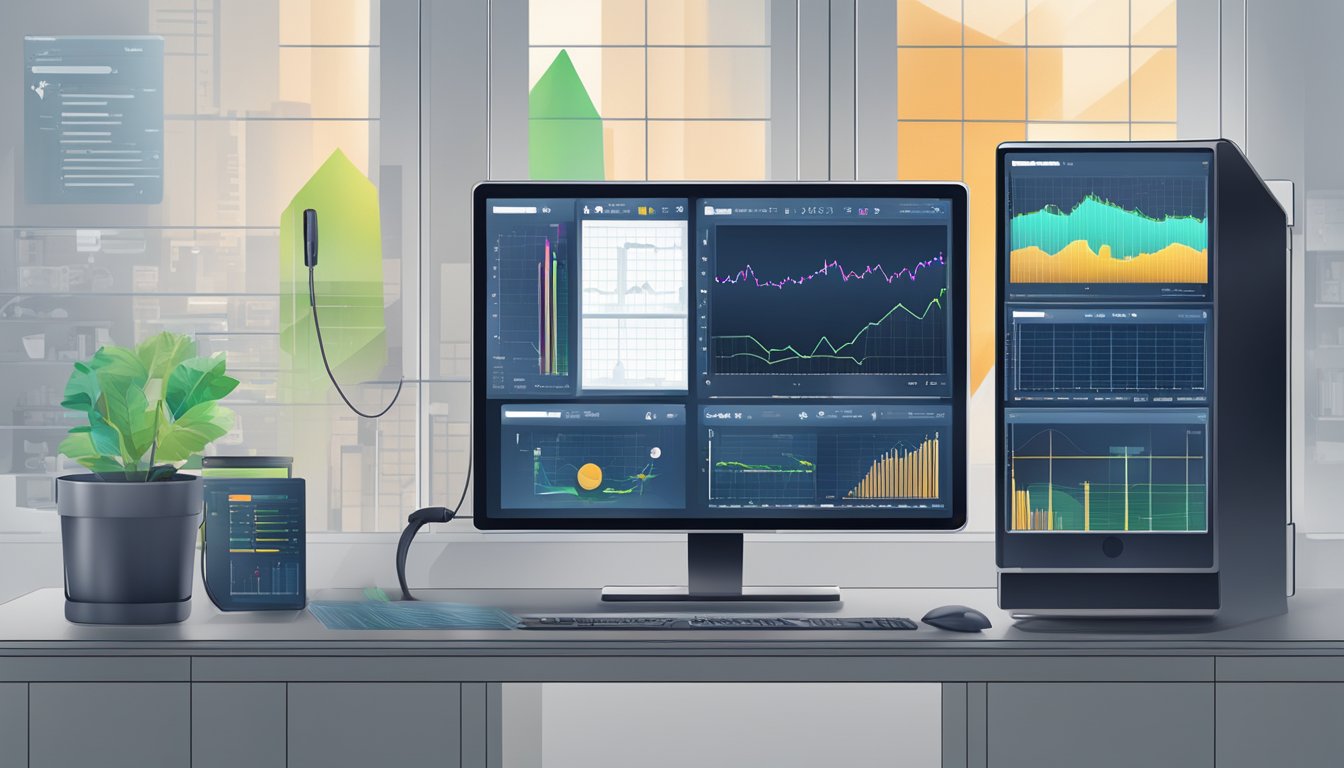 A computer screen displaying a network monitoring dashboard with various data visualizations and graphs, accompanied by a router and other network equipment